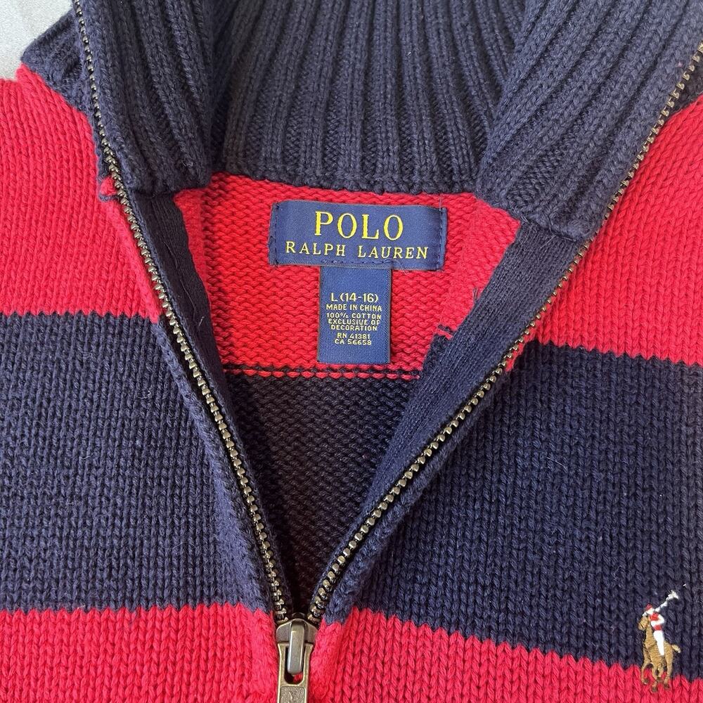 Polo Ralph Lauren Striped 1/4 Zip Thick Sweater 100% Cotton Knit Large 14-16 Red
